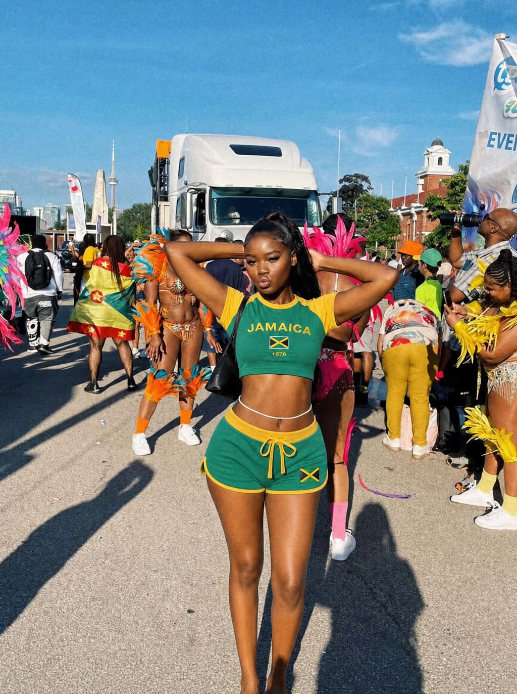 Jamaica model wearing the set